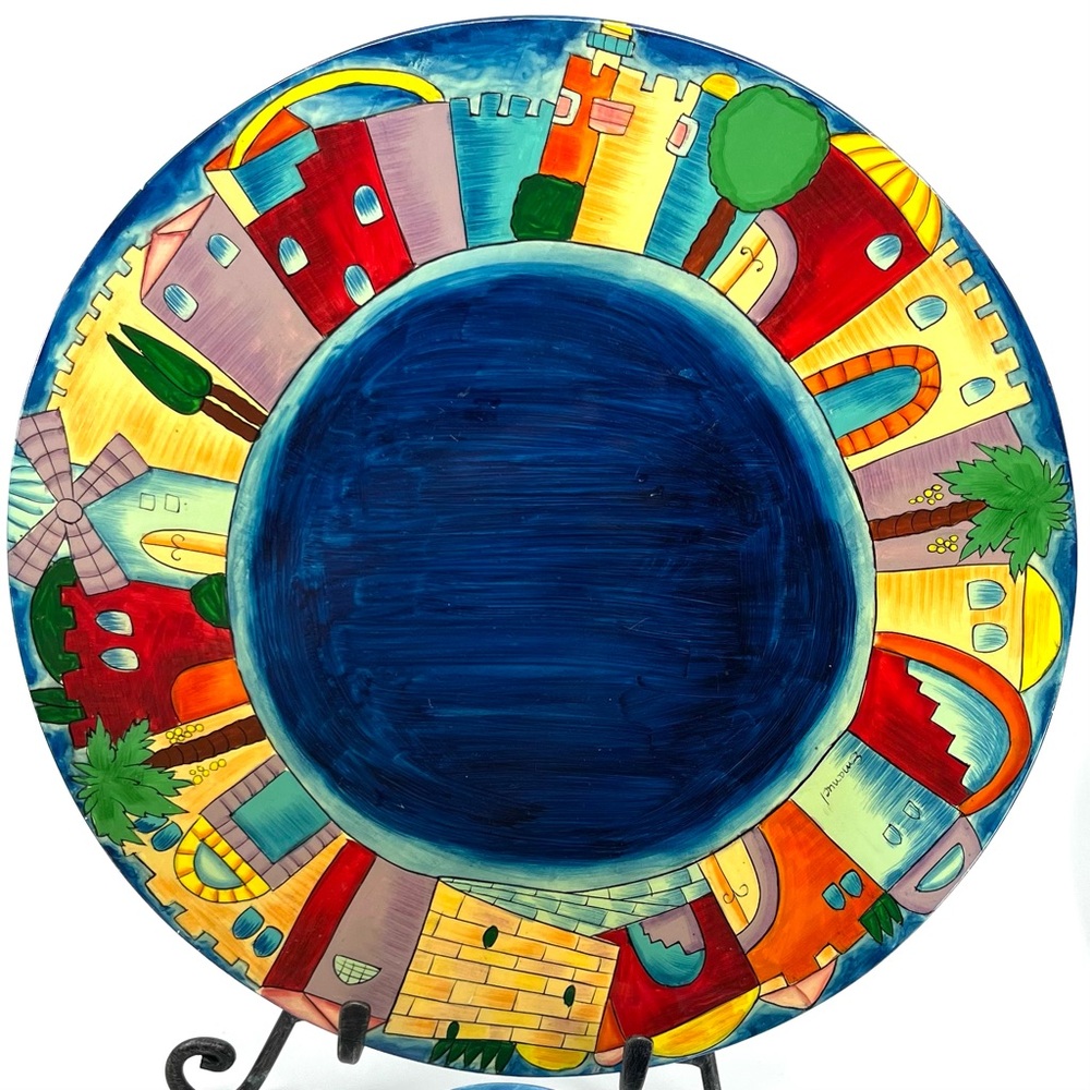 Jerusalem Hand Painted Carved Wood Seder Plate by Yair Emanuel